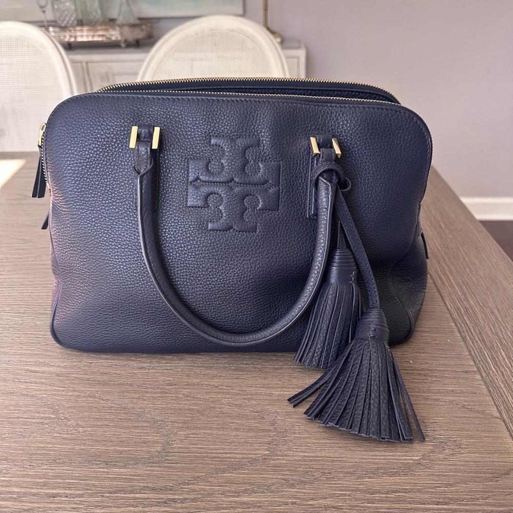 Tory Burch Leather Thea Triple Zip Satchel (Navy Blue)